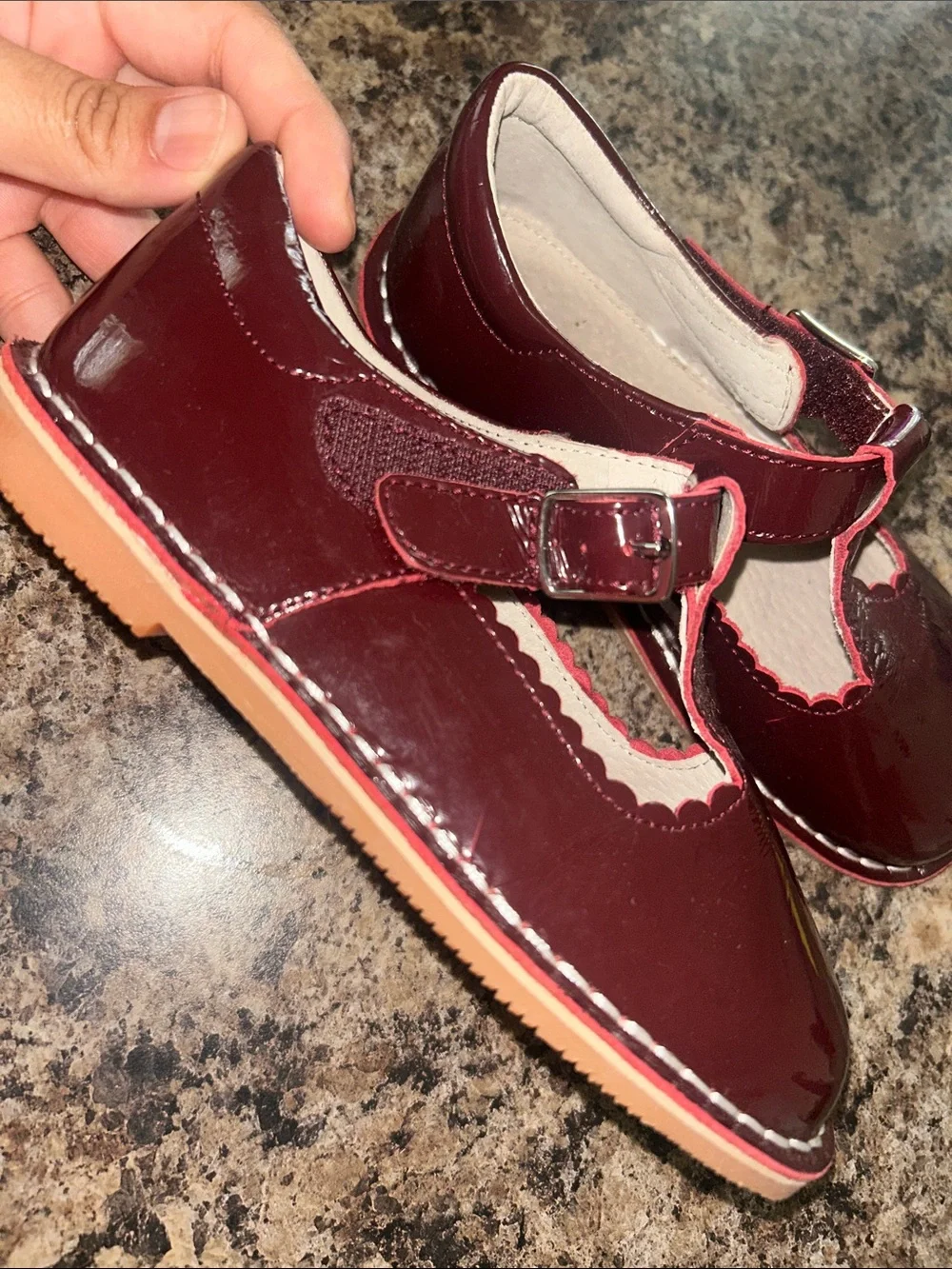 Girls' Burgundy Patent Mary Jane Dress Shoes with Pink Trim